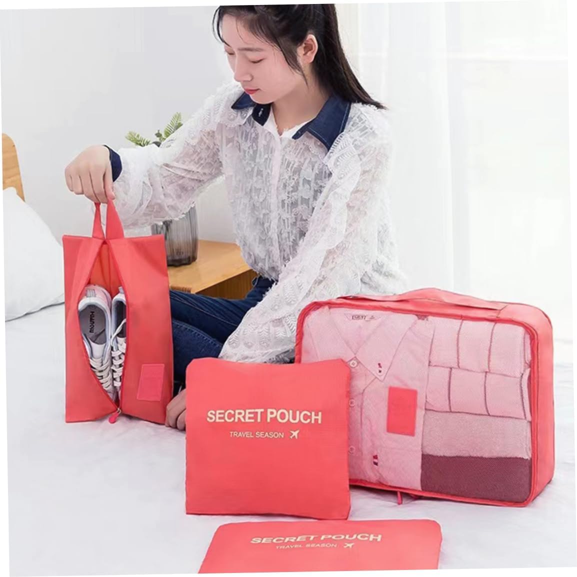 Luggage Cubes for Packing,Compression Suitcase Organiser Bag Waterproof Luggage Packing Bag Shoe Toiletry Bag for Travel Watermelon Red - Image 5